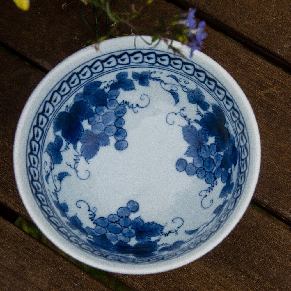 Vintage Asian, Japanese, Porcelain Bowl, Blue and White, Grapevine Decorated